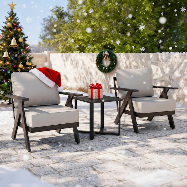 3-Piece Black Aluminum Outdoor Lounge Chair with Beige Cushion, Patio Conversation Set with Coffee Table