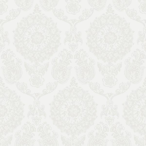 Chesapeake Helm Damask White Floral Medallion Matte Paper Pre-Pasted Wallpaper Sample