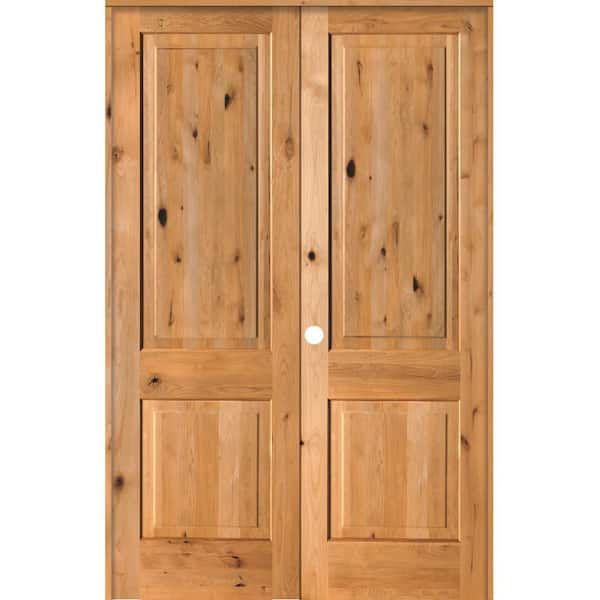 Krosswood Doors 56 in. x 96 in. Rustic Knotty Alder 2-Panel Square Top Right-Handed Clear Stain Wood Prehung Interior Double Door