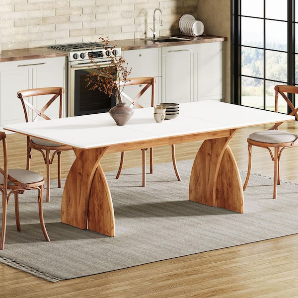 Halseey 71 in. Modern White and Brown Wood Pedestal Dining Table, Large Rectangle Kitchen Dinner Table for 6