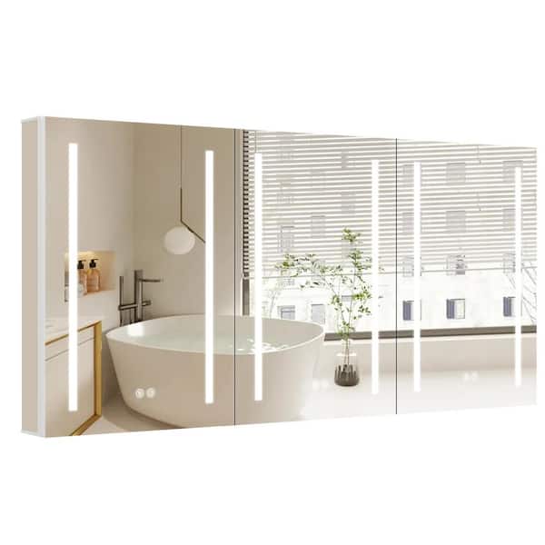 Zeafive 60 in. W x 30 in. H Recessed/Surface Mount Rectangular 3-Doors White Bathroom Medicine Cabinet with Mirrors LED Lights