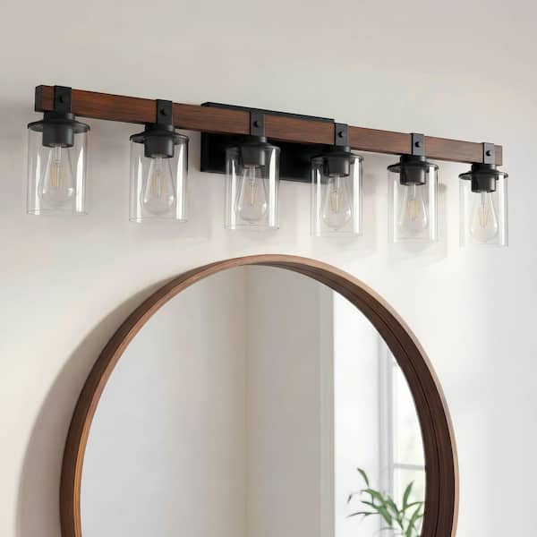 42 in. 6 Light black Grain Finish Vanity Light Fixture Bathroom Over Mirror Wall Lights Clear Glass Shades Living Room