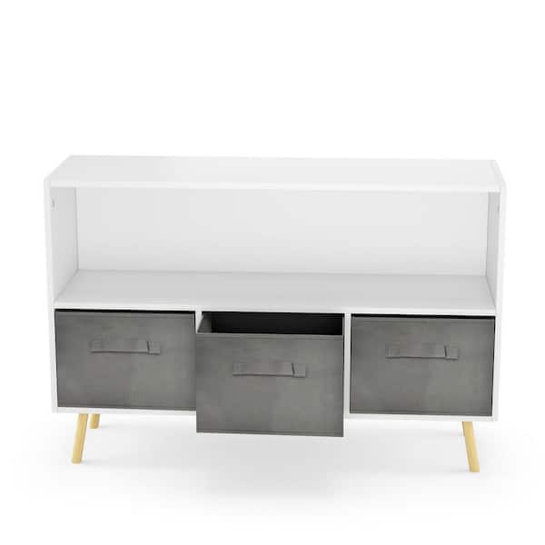 Donason 35.43 in. W White Wood Kids Bookcase with Collapsible Fabric Drawers