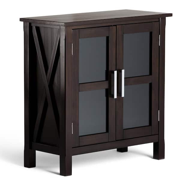 Simpli Home Kitchener Solid Wood 30 in. Wide Contemporary Low Storage Cabinet in Dark Walnut Brown