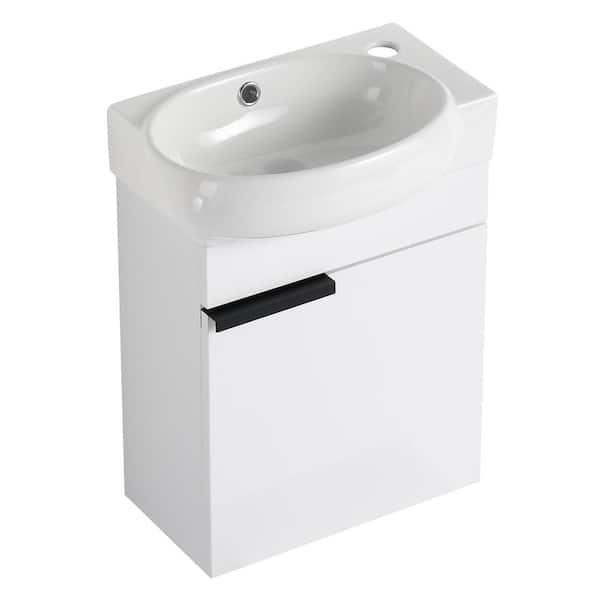 FUNKOL 16 in. W Modern Elegant Floating Wall Mounted Bathroom Vanity in White with Round Ceramic Sink and Soft Close Doors