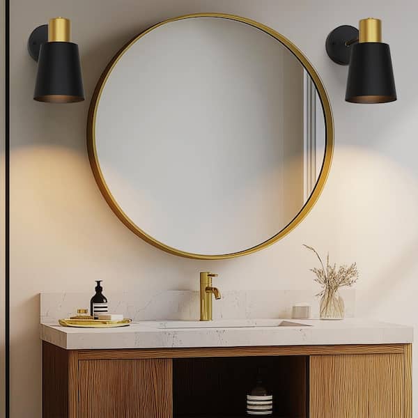 8 in. 2-Pack Black and Gold Wireless Wall Sconces, Dimmable LED Wall Lights with Remote Control for Bathroom