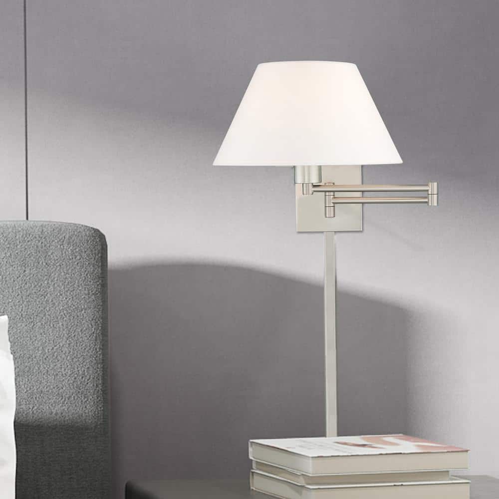 Brushed Nickel Swing Arm Wall Lamp with Off-White Fabric Shade