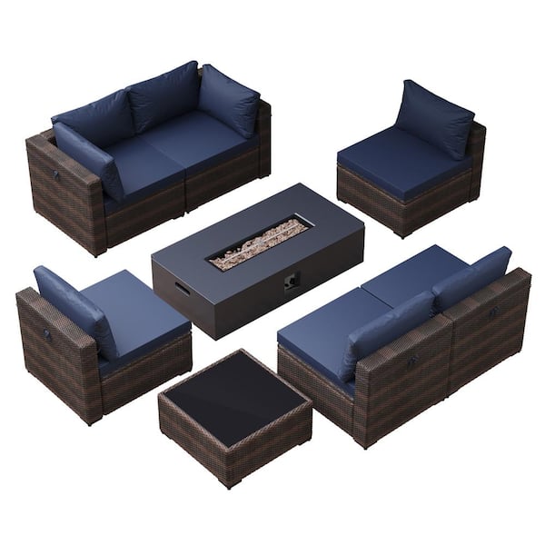 UPHA 8-Pieces Wicker Outdoor Patio Furniture Set with 56 in. Dark Gray Iron Propane Fire Pit, with Navy Blue Cushions
