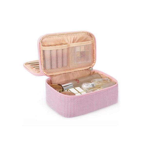 Pink Strip Makeup Bag, Dual-Layer Cosmetic Organizer with Brush Holder, Portable Travel Toiletry Pouch for Girls