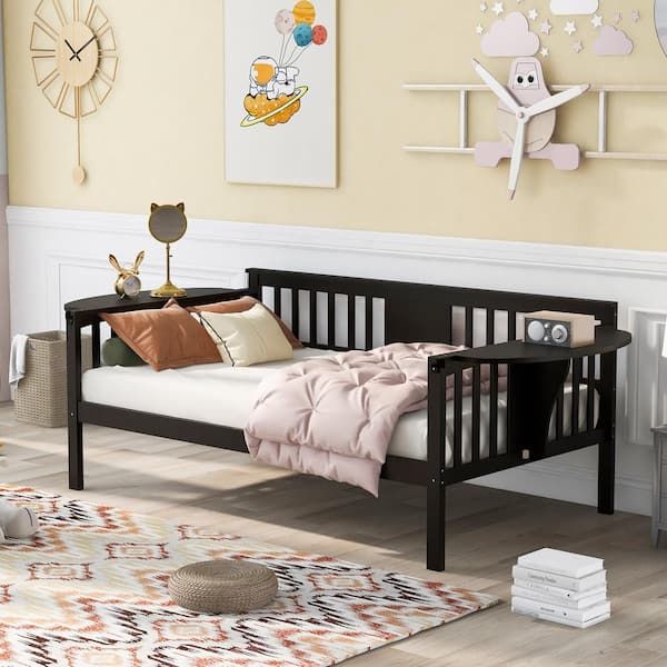 Harper & Bright Designs Espresso Twin Size Wood Daybed with 2 Foldable Tables