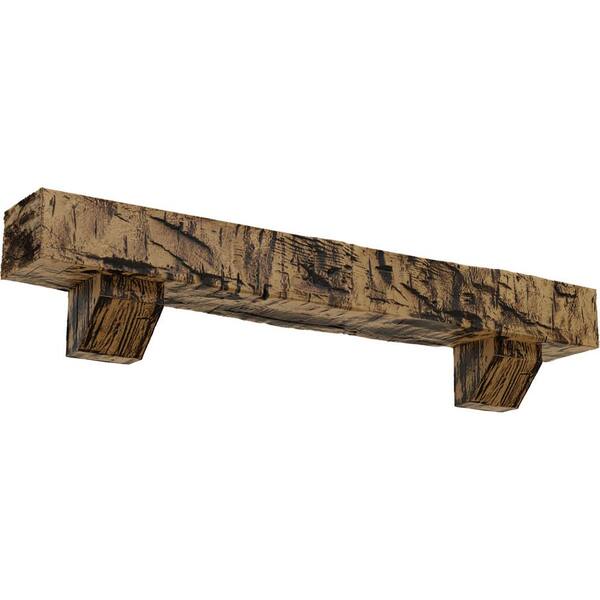 Ekena Millwork 4 in. x 6 in. x 7 ft. Hand Hewn Faux Wood Fireplace Mantel Kit, Ashford Corbels, Natural Golden Oak