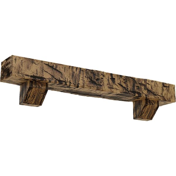 Ekena Millwork 4 in. x 8 in. x 3 ft. Hand Hewn Faux Wood Fireplace Mantel Kit with Ashford Corbels, Natural Golden Oak