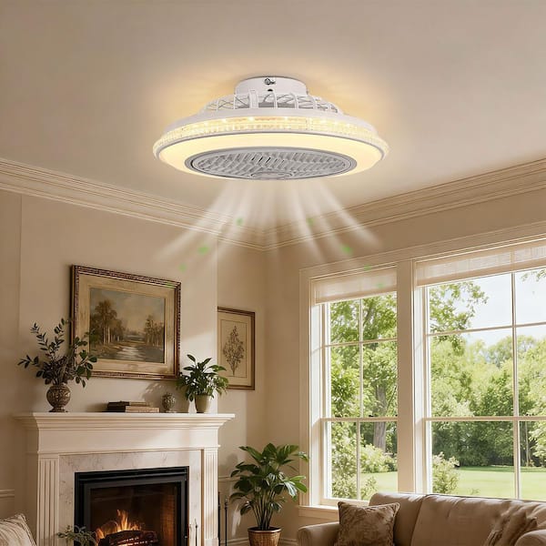 19 in. 5-Leaf Gray and White Modern Crystal Bladeless Flush Mount Ceiling Fan Light with Remote for Bedroom