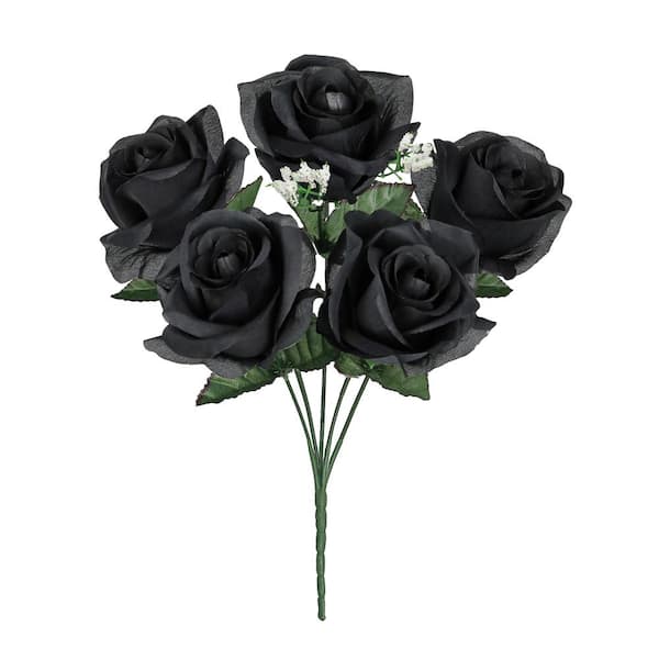 LIVING LUXURY 14 in. Black Artificial Open Rose Flower Stem Bush Bouquet (Set of 12)