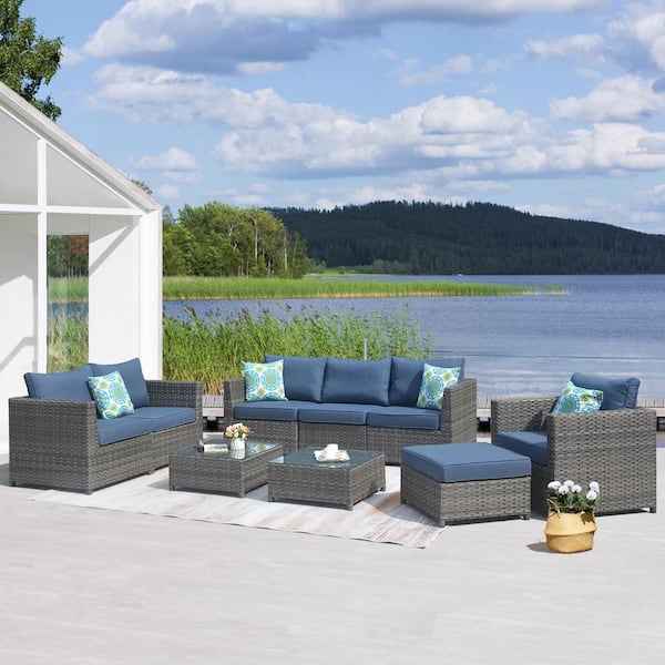 OVIOS Victorie Gray 9-Piece Big Size Wicker Outdoor Patio Conversation Seating Set with Denim Blue Cushions