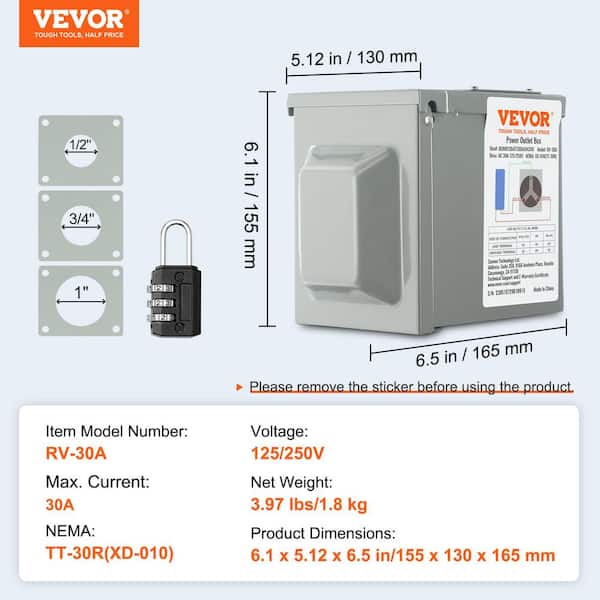 VEVOR 30 Amp RV Power Outlet Box 125/250 Volt Enclosed Lockable Outdoor RV Receptacle Box NEMA TT-30R Weatherproof Electrical Panel for RV Camper