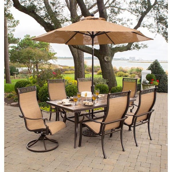 Monaco 7-Piece Rectangular Patio Dining Set and 2 Swivel Rockers, Umbrella and Base
