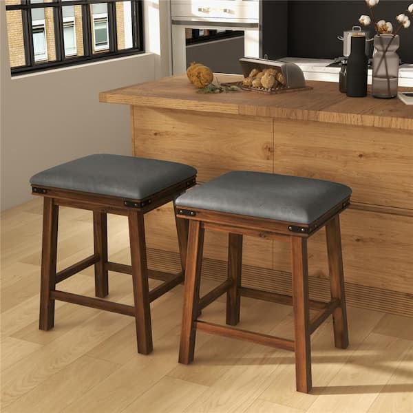 Costway 24 in. Brown Backless Wood Bar Stool Counter Stool with Faux Leather Seat (Set of 2)