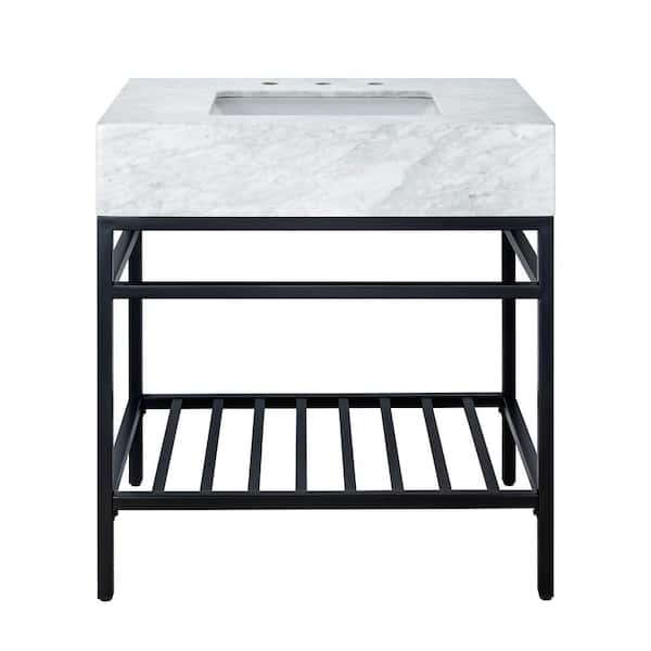 TEHOME Rens 30 in. W x 20 in. D x 33.5 in. H Freestanding Bath Single Vanity Carrara White Marble top with Black Metal Shelf