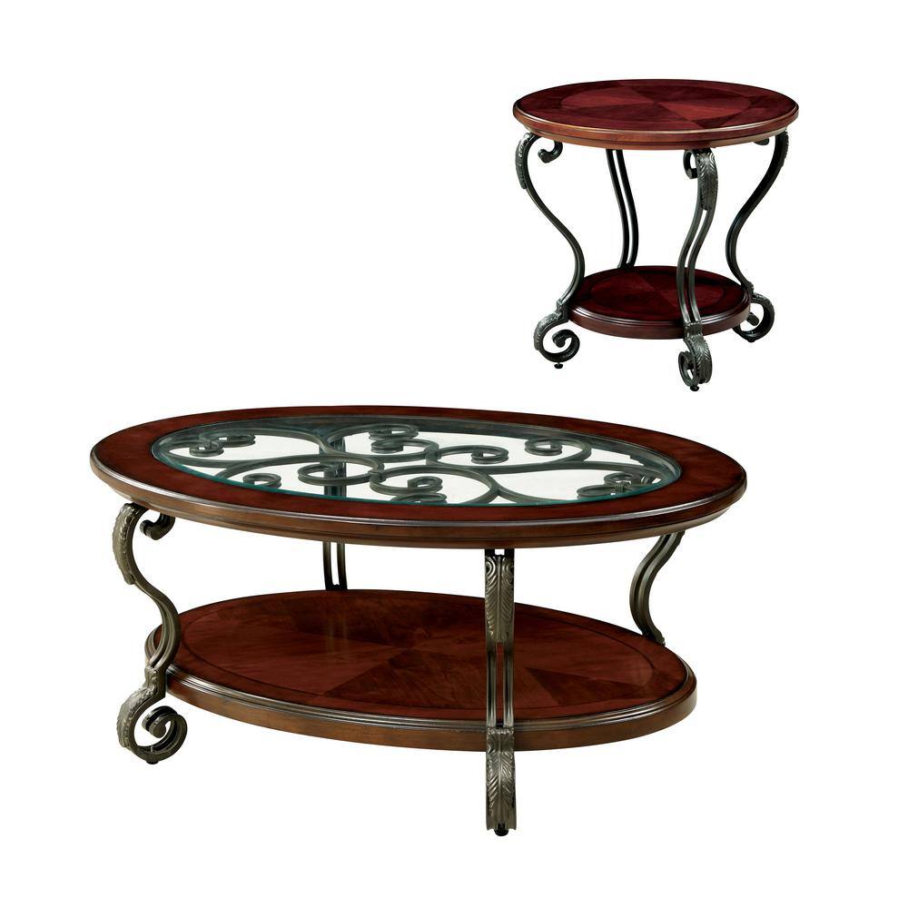 Furniture of America Nestillia 2Piece 48 in. Brown Oval Glass Coffee Table Set with Shelf IDF