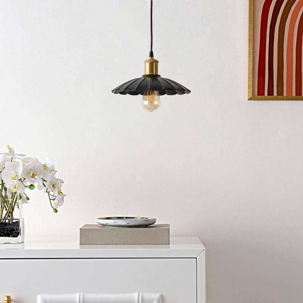 Novaire Vintage Umbrella Black Iron Pendant with Brass Accents