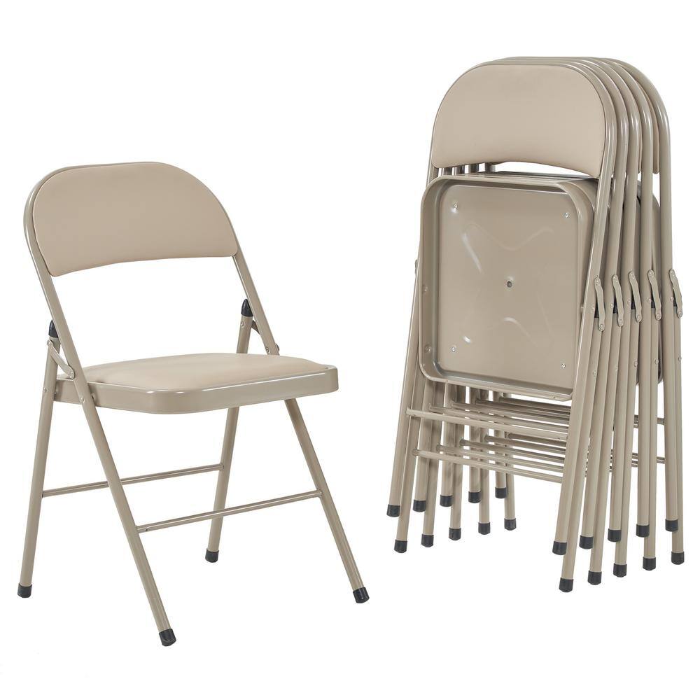 Set of 6 Light Brown Faux Leather Armless Folding Chairs with Metal Frame