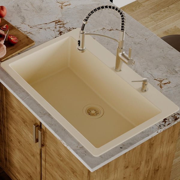 QT-812 Quartz/Granite 33 in. Large Single Bowl Drop-In Kitchen Sink in Bisque