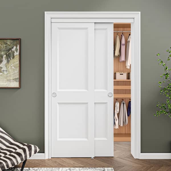 48 in. x 80 in. 2 Panel White Primed MDF Composite Sliding Door with Hardware