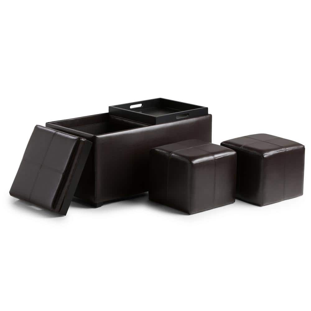 Brown Faux Leather 5-Piece Storage Ottoman Set
