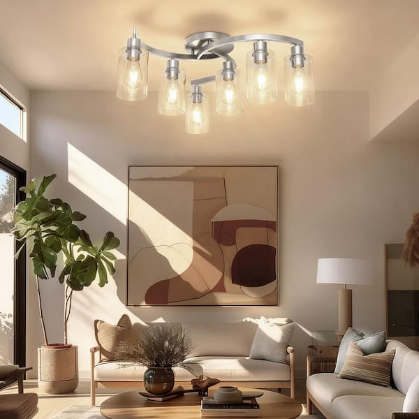21 in. 6-Light Semi Flush Mount Ceiling Light, Brushed Nickel Fixture with Clear Glass for Bedroom and Hallway Decor