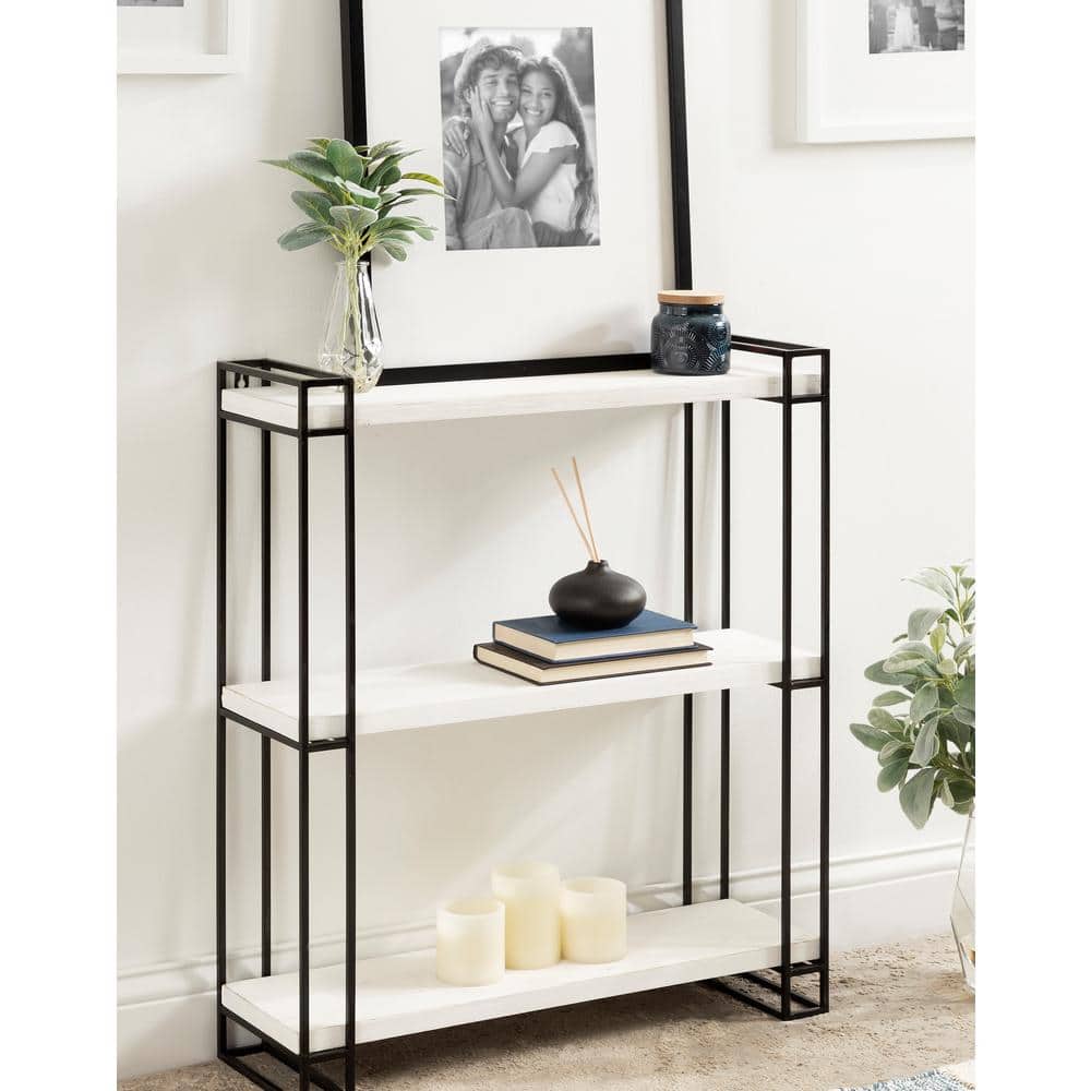 Rustic Coastal Black Metal and Wood Floating Wall Shelf