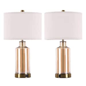 23.2 in. Gold Glass Table Lamp with USB Ports and Outlets (Set of 2) Touch Control Nightstand Lamp