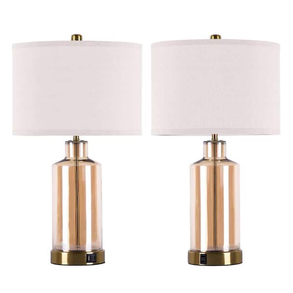 Myfoi 23.2 in. Gold Glass Table Lamp with USB Ports and Outlets (Set of 2) Touch Control Nightstand Lamp