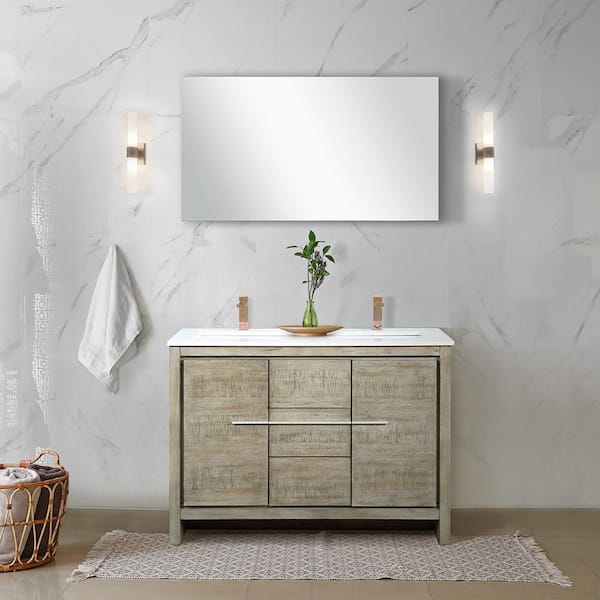 Lexora Lafarre 48 in W x 20 in D Rustic Acacia Double Bath Vanity, White Quartz Top and Rose Gold Faucet Set
