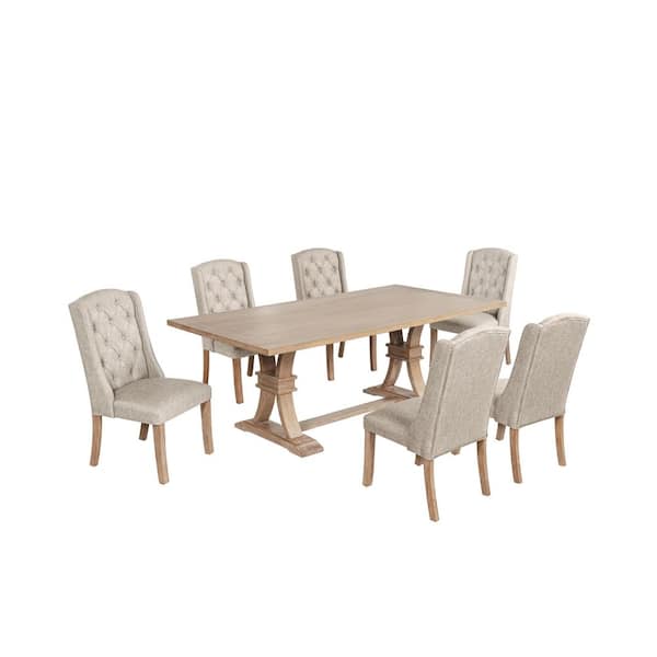 Katt 7-Piece Rectangle Rustic Light Oak Finish Wood Top Dining Set with 6-Beige Linen Fabric Wing Chairs