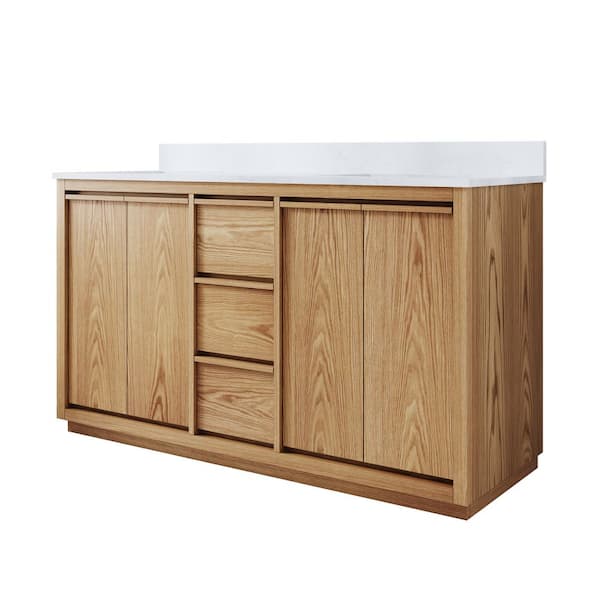 60 in. Double Sink Solid Wood Oak Bath Vanity with White Quartz Top Assembled