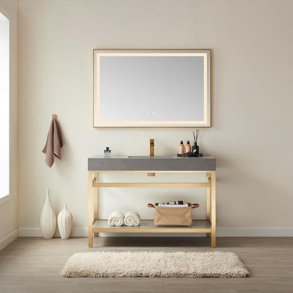 ROSWELL Funes 48 in. W x 22 in. D x 33.9 in. H Single Sink Bath Vanity in Brushed Gold Metal Stand with Grey Sintered Stone Top