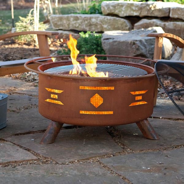 Round Steel Wood Burning Fire Pit, Mosaic Fire Pit Cover