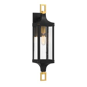 Glendale 24.5 in. Matte Black and Weathered Brushed Brass Outdoor Hardwired Wall Lantern Sconce with No Bulbs Included