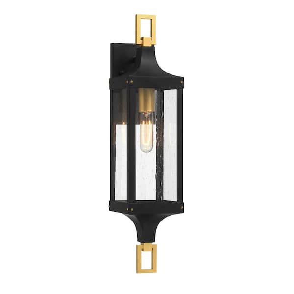 Savoy House Glendale 24.5 in. Matte Black and Weathered Brushed Brass Outdoor Hardwired Wall Lantern Sconce with No Bulbs Included