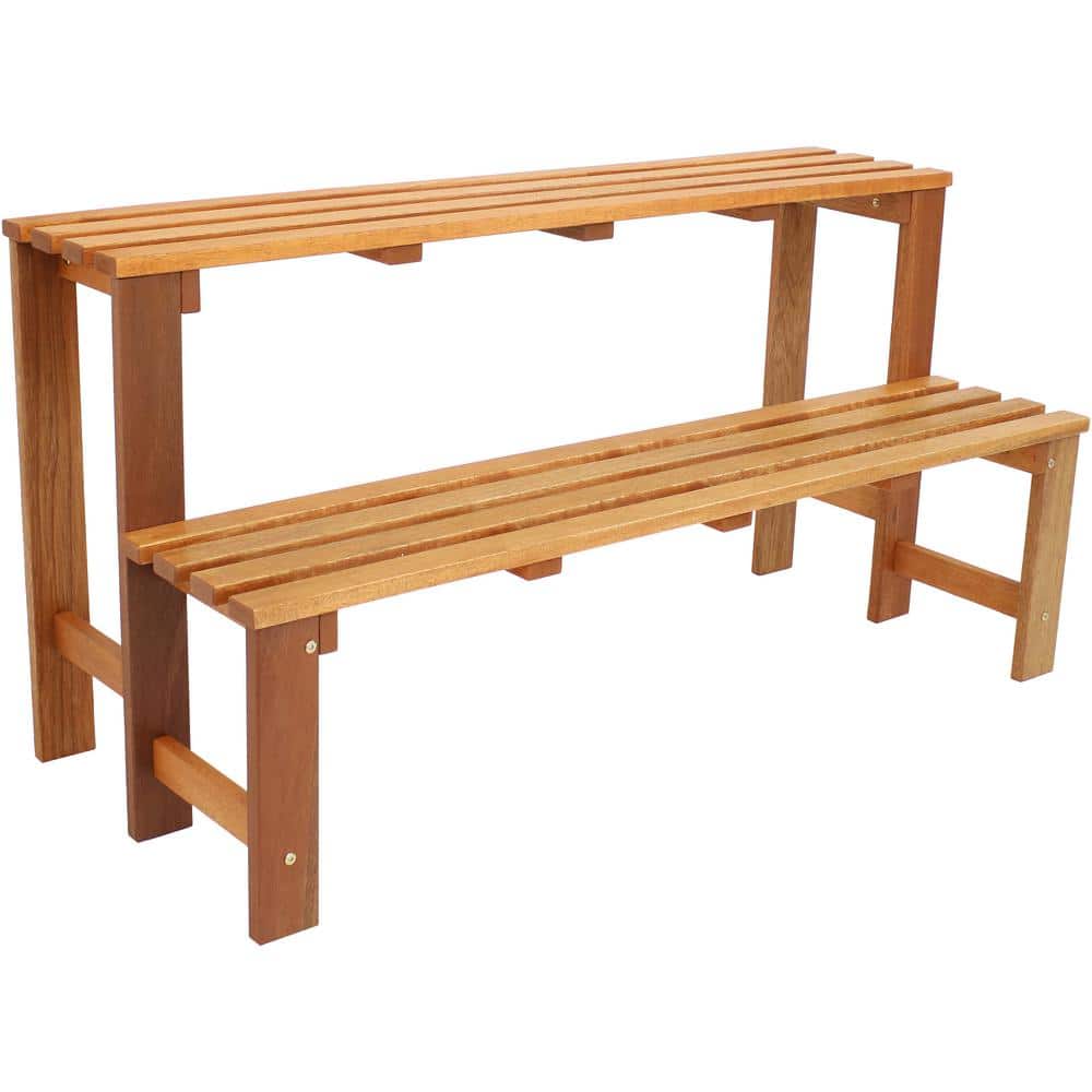 Brown Meranti Wood 2-Tier Outdoor Plant Stand with Teak Oil Finish