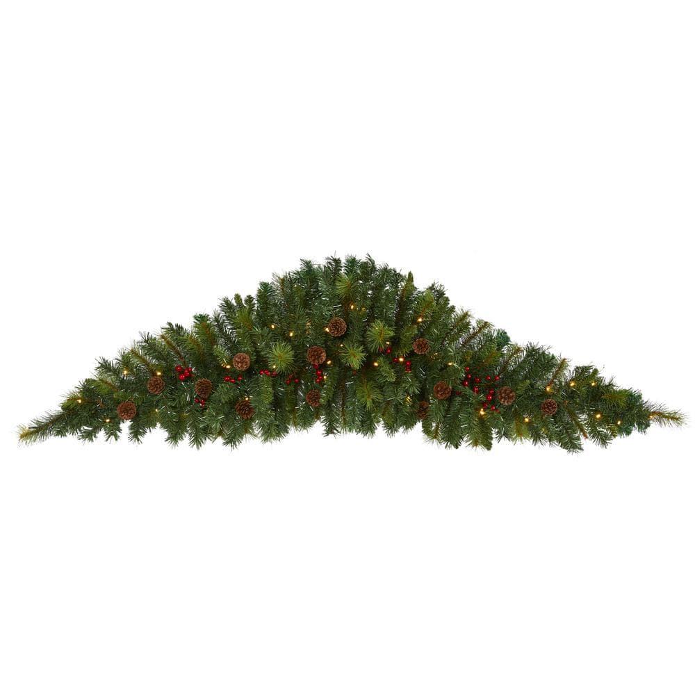 Nearly Natural ft. Battery Operated Pre-lit Artificial Christmas Swag  with 50 Clear LED Lights, Berries and Pine Cones W1131 The Home Depot