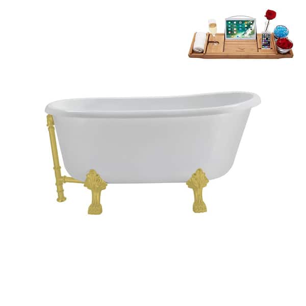 57 in. Acrylic Clawfoot Non-Whirlpool Bathtub in Glossy White with Brushed Gold Drain and Brushed Gold Clawfeet