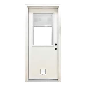 32 in. x 80 in. Reliant Series Clear Mini-Blind LHIS White Primed Fiberglass Prehung Front Door with Small Cat Door