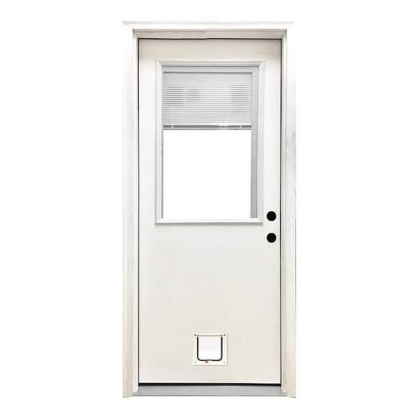 Steves & Sons 36 in. x 80 in. Reliant Series Clear Mini-Blind LHIS White Primed Fiberglass Prehung Front Door with Small Cat Door