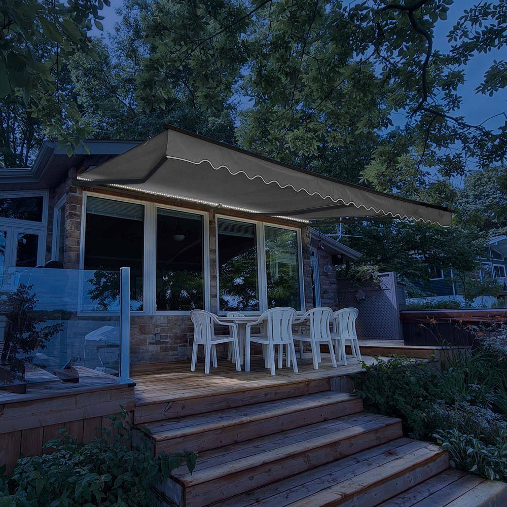 Gray Motorized Retractable Patio Awning with LED Lights, 12 x 10 ft