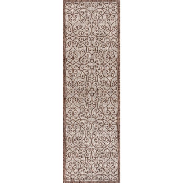 Madrid Vintage Filigree Textured Weave Taupe/Espresso 2 ft. x 8 ft. Indoor/Outdoor Runner Rug