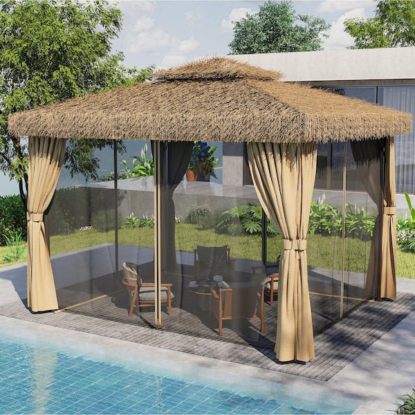 10 ft. x 12 ft. Outdoor Patio Gazebo, Hawaiian Style Thatch Roof