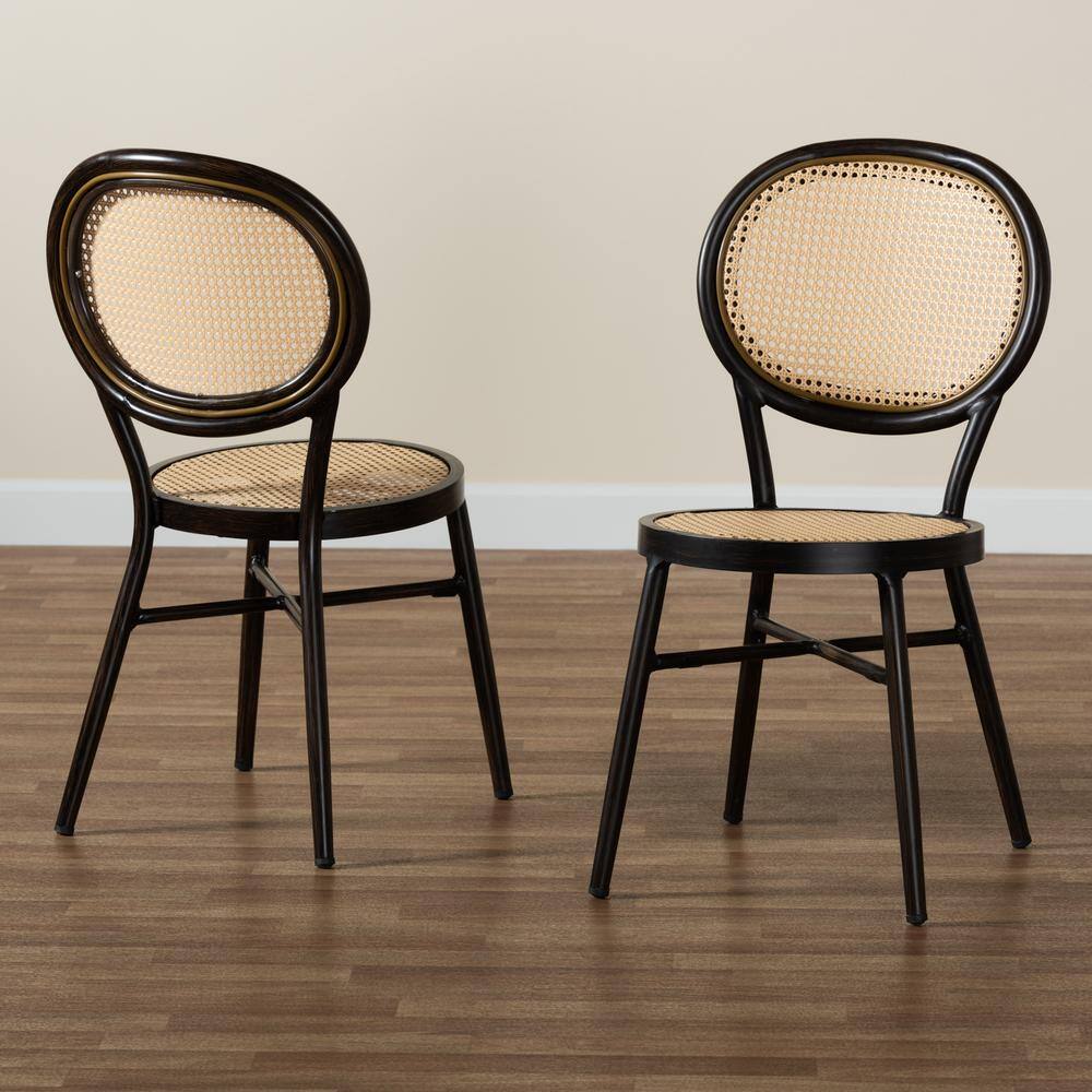 Thalia Mid-Century Modern Brown Metal and Rattan Dining Chair Set