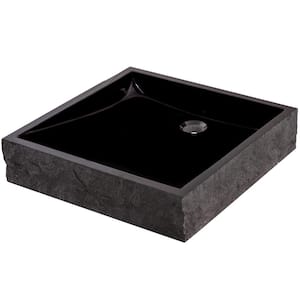 Square Black Granite Vessel Sink with Chiseled Exterior